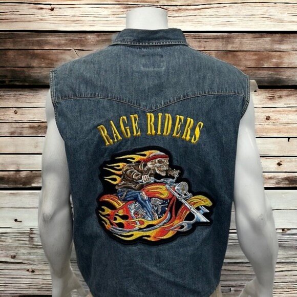 Wrangler Blue Denim Embroidered Back Patch "Rage Riders" Biker Motorcycle Vest L - Picture 4 of 14